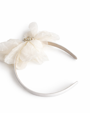 Ivory satin headband with layered organza petals and crystal centre detail for girls aged 2 to 12 years