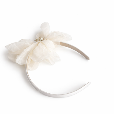 Ivory satin headband with layered organza petals and crystal centre detail for girls aged 2 to 12 years