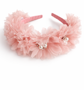 Blush pearl and crystal flower headband for girls aged 2–12 years, grosgrain ribbon wrapped designer hair accessory for weddings and special occasions