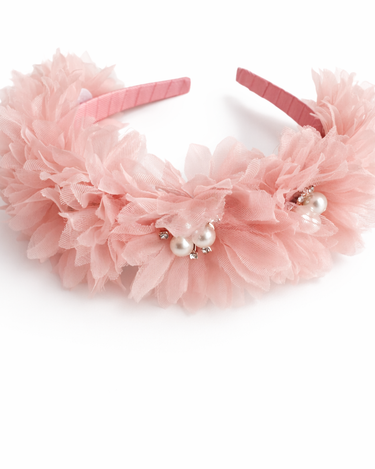 Blush pearl and crystal flower headband for girls aged 2–12 years, grosgrain ribbon wrapped designer hair accessory for weddings and special occasions