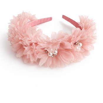 Blush pearl and crystal flower headband for girls aged 2–12 years, grosgrain ribbon wrapped designer hair accessory for weddings and special occasions