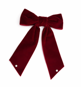 Luxury crimson velvet bow hair clip with pearl accents for girls