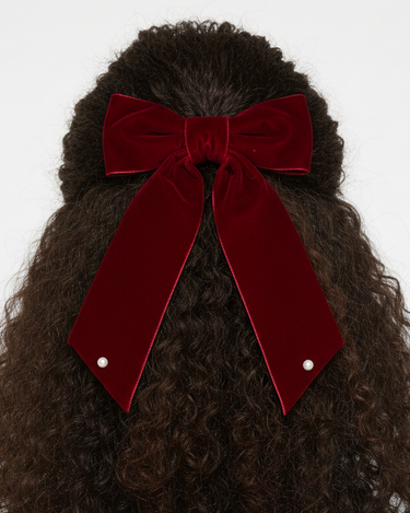 Luxury crimson velvet bow hair clip with pearl accents for girls