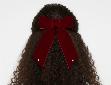 Luxury crimson velvet bow hair clip with pearl accents for girls