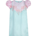 Ice Blossom girls party dress in mint and pink with puff sleeves and embellished sequin bows – pastel occasionwear for ages 1–14.