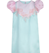 Ice Blossom girls party dress in mint and pink with puff sleeves and embellished sequin bows – pastel occasionwear for ages 1–14.