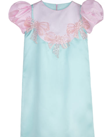 Ice Blossom girls party dress in mint and pink with puff sleeves and embellished sequin bows – pastel occasionwear for ages 1–14.