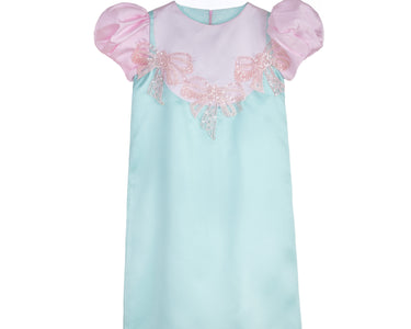 Ice Blossom girls party dress in mint and pink with puff sleeves and embellished sequin bows – pastel occasionwear for ages 1–14.