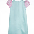 Ice Blossom girls party dress in mint and pink with puff sleeves and embellished sequin bows – pastel occasionwear for ages 1–14.