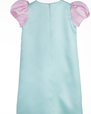 Ice Blossom girls party dress in mint and pink with puff sleeves and embellished sequin bows – pastel occasionwear for ages 1–14.