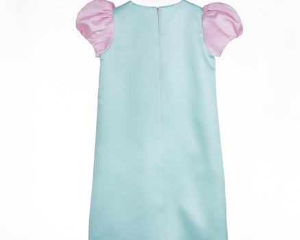 Ice Blossom girls party dress in mint and pink with puff sleeves and embellished sequin bows – pastel occasionwear for ages 1–14.