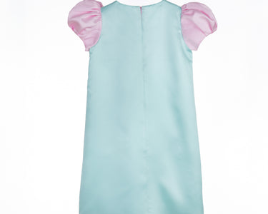 Ice Blossom girls party dress in mint and pink with puff sleeves and embellished sequin bows – pastel occasionwear for ages 1–14.