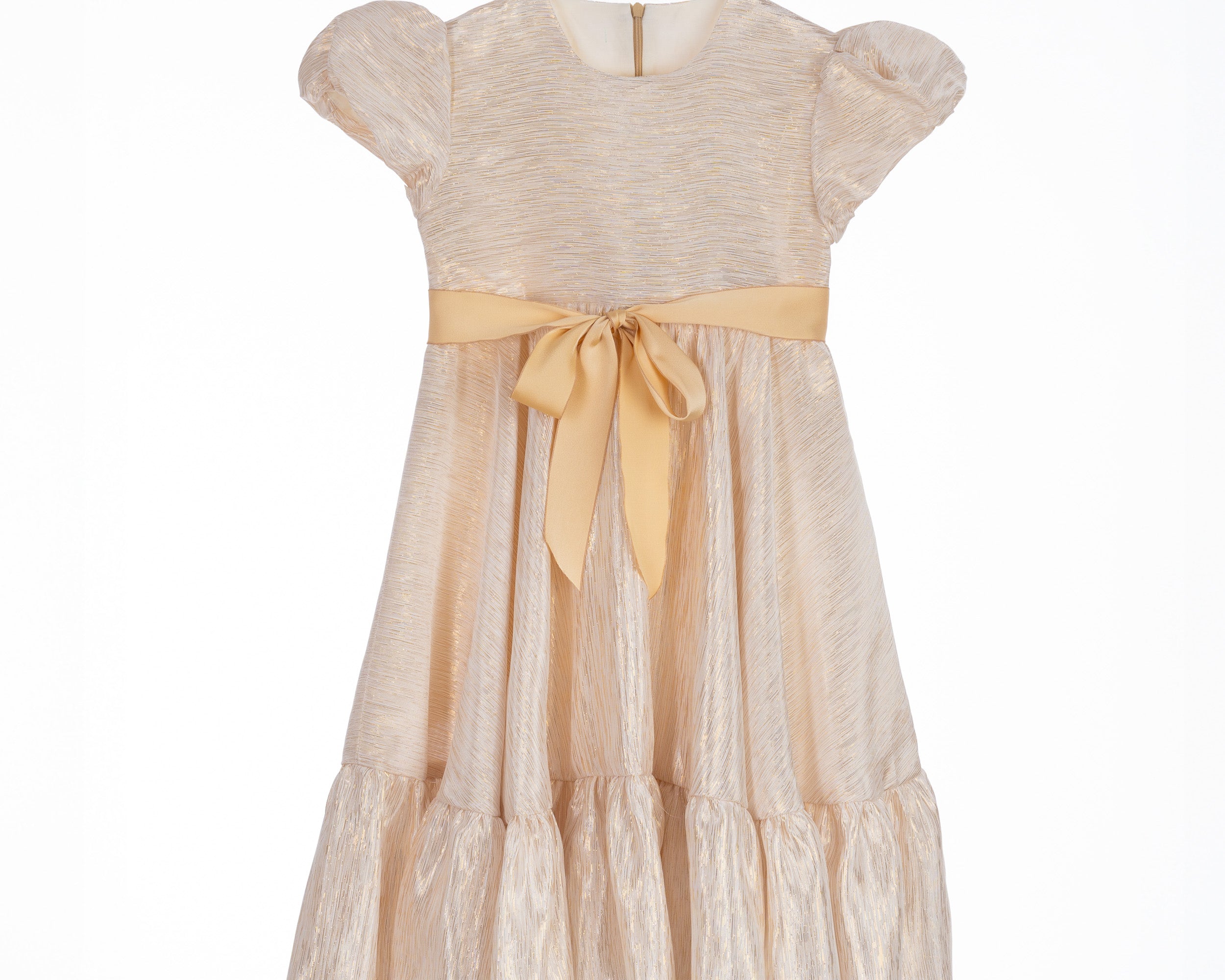 Champagne gold high-low dress for girls with puff sleeves, satin sash, and soft shimmer, perfect for weddings, Eid, and special occasions.