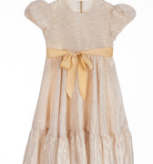 Champagne gold high-low dress for girls with puff sleeves, satin sash, and soft shimmer, perfect for weddings, Eid, and special occasions.