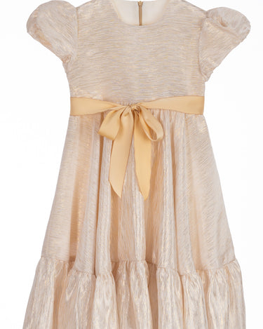 Champagne gold high-low dress for girls with puff sleeves, satin sash, and soft shimmer, perfect for weddings, Eid, and special occasions.