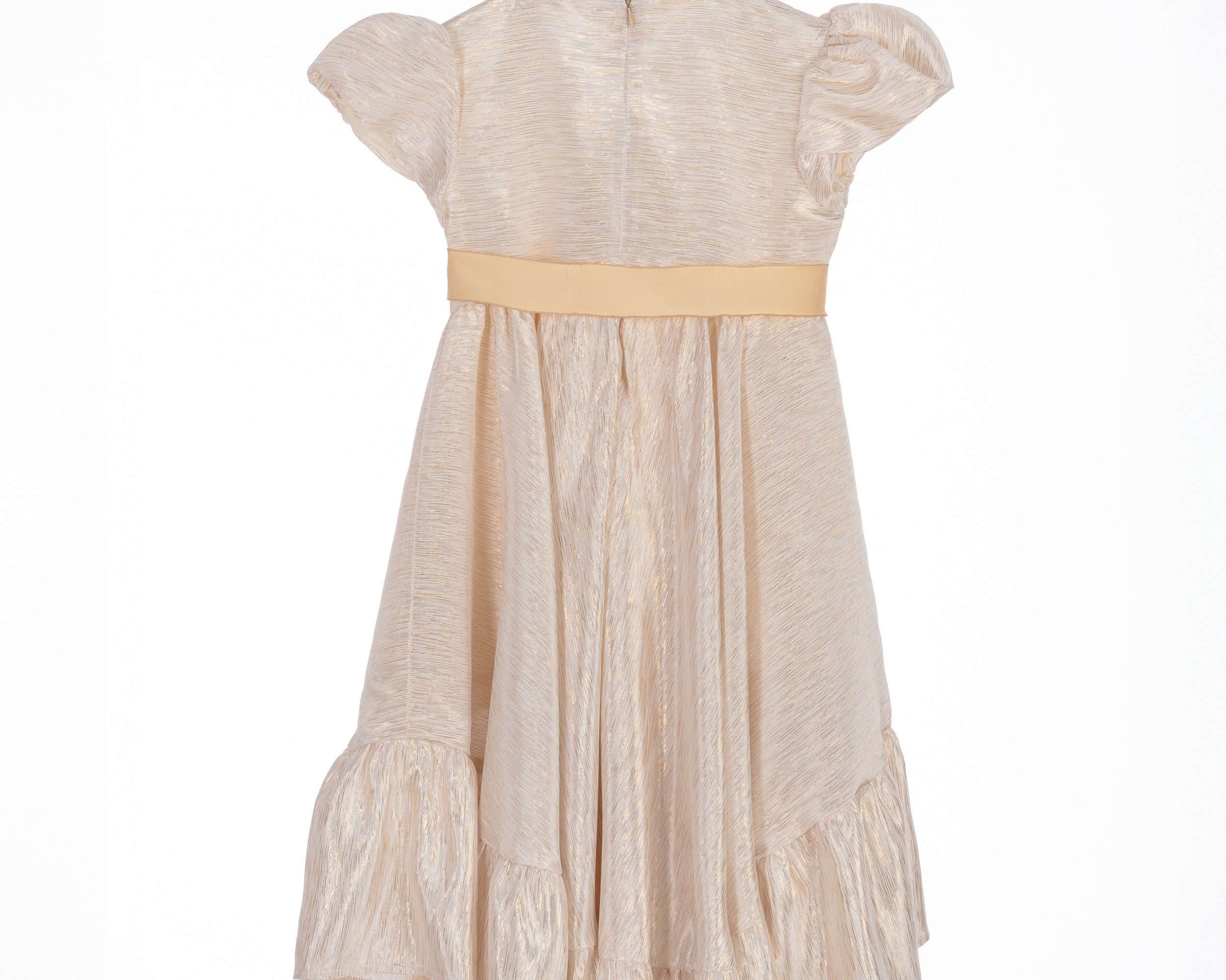 Champagne gold high-low dress for girls with puff sleeves, satin sash, and soft shimmer, perfect for weddings, Eid, and special occasions.