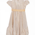 Champagne gold high-low dress for girls with puff sleeves, satin sash, and soft shimmer, perfect for weddings, Eid, and special occasions.
