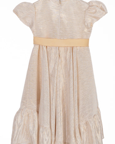 Champagne gold high-low dress for girls with puff sleeves, satin sash, and soft shimmer, perfect for weddings, Eid, and special occasions.