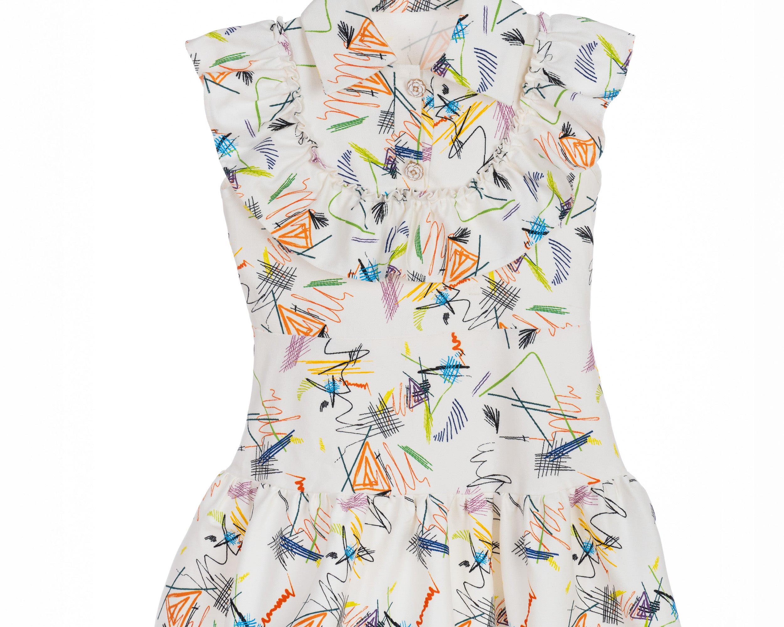 Girls cotton denim dress with multicolour scribble print, ruffle collar, and pearl buttons – Scribble Pop Dress for ages 1–14.