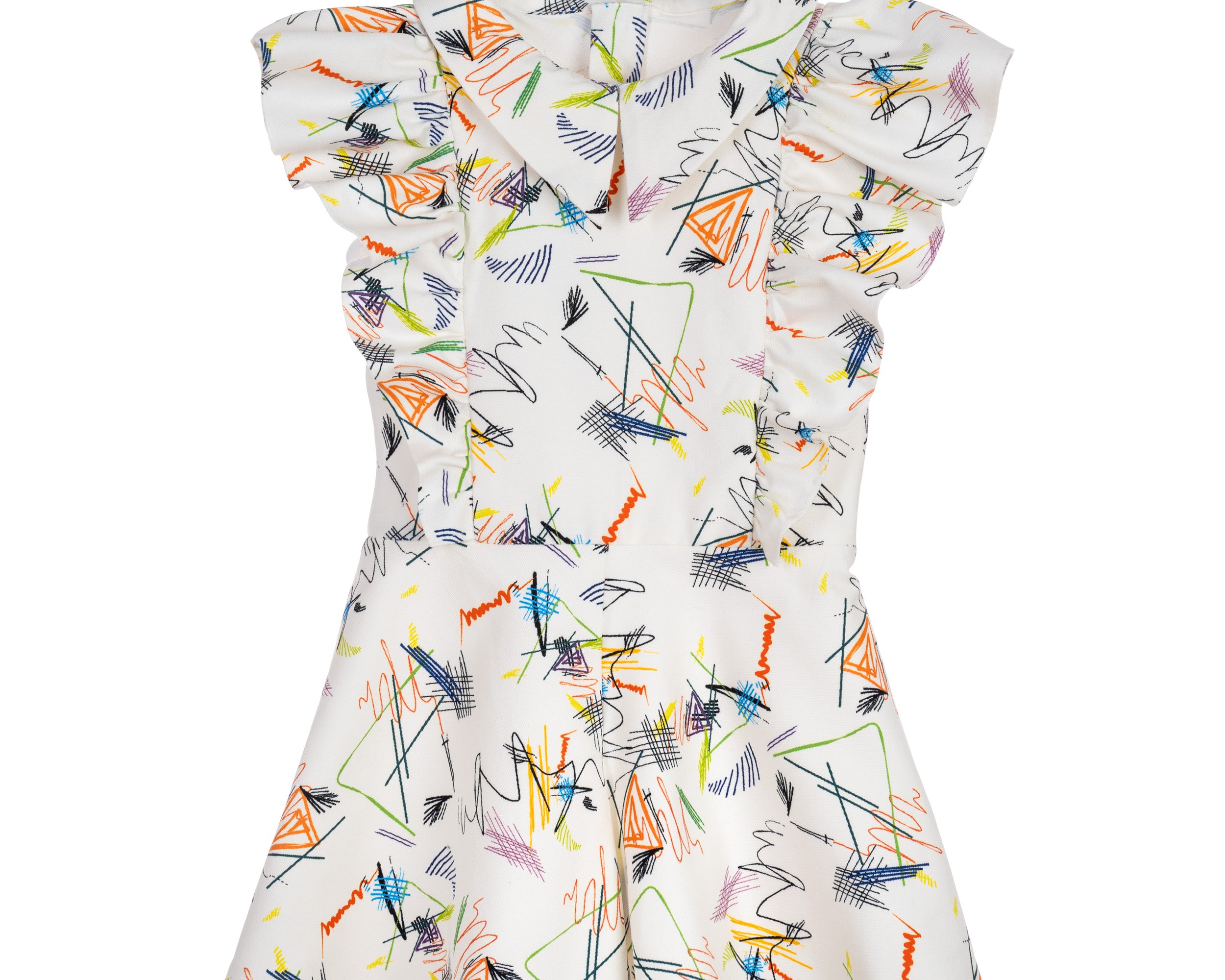Girls cotton romper with abstract multicolour scribble print, flutter sleeves, and zip-up front – Ziggy Romper for ages 1–14.