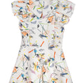 Girls cotton romper with abstract multicolour scribble print, flutter sleeves, and zip-up front – Ziggy Romper for ages 1–14.
