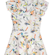 Girls cotton romper with abstract multicolour scribble print, flutter sleeves, and zip-up front – Ziggy Romper for ages 1–14.