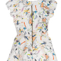 Girls cotton romper with abstract multicolour scribble print, flutter sleeves, and zip-up front – Ziggy Romper for ages 1–14.