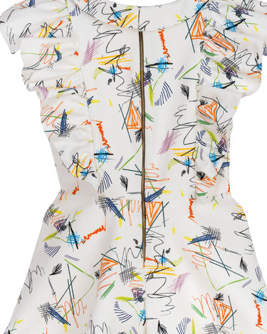 Girls cotton romper with abstract multicolour scribble print, flutter sleeves, and zip-up front – Ziggy Romper for ages 1–14.