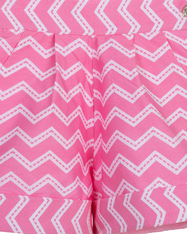 Girls high-waisted pink zigzag cotton shorts with turn-up cuffs and crystal button – Strawberry Pop Shorts for ages 1–14.