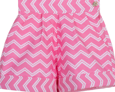 Girls high-waisted pink zigzag cotton shorts with turn-up cuffs and crystal button – Strawberry Pop Shorts for ages 1–14.