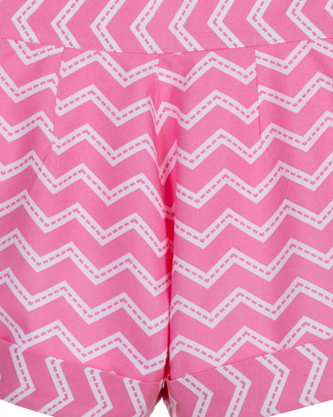 Girls high-waisted pink zigzag cotton shorts with turn-up cuffs and crystal button – Strawberry Pop Shorts for ages 1–14.