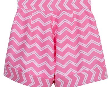 Girls high-waisted pink zigzag cotton shorts with turn-up cuffs and crystal button – Strawberry Pop Shorts for ages 1–14.