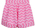 Girls high-waisted pink zigzag cotton shorts with turn-up cuffs and crystal button – Strawberry Pop Shorts for ages 1–14.