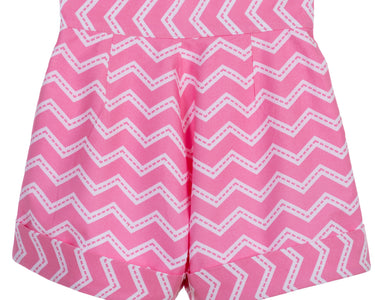 Girls high-waisted pink zigzag cotton shorts with turn-up cuffs and crystal button – Strawberry Pop Shorts for ages 1–14.