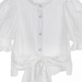 White crinkle taffeta puff sleeve blouse with pearl buttons and waist tie – Pearl Tie-Front Blouse for girls ages 1–14.