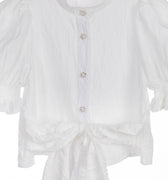 White crinkle taffeta puff sleeve blouse with pearl buttons and waist tie – Pearl Tie-Front Blouse for girls ages 1–14.