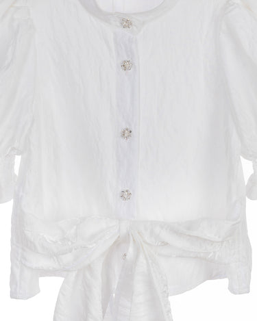 White crinkle taffeta puff sleeve blouse with pearl buttons and waist tie – Pearl Tie-Front Blouse for girls ages 1–14.