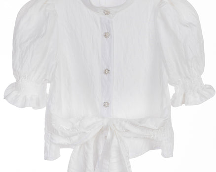 White crinkle taffeta puff sleeve blouse with pearl buttons and waist tie – Pearl Tie-Front Blouse for girls ages 1–14.