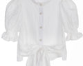 White crinkle taffeta puff sleeve blouse with pearl buttons and waist tie – Pearl Tie-Front Blouse for girls ages 1–14.