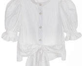White crinkle taffeta puff sleeve blouse with pearl buttons and waist tie – Pearl Tie-Front Blouse for girls ages 1–14.