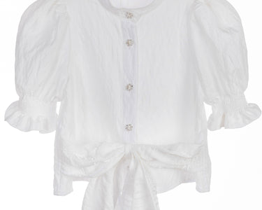 White crinkle taffeta puff sleeve blouse with pearl buttons and waist tie – Pearl Tie-Front Blouse for girls ages 1–14.
