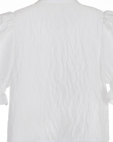 White crinkle taffeta puff sleeve blouse with pearl buttons and waist tie – Pearl Tie-Front Blouse for girls ages 1–14.