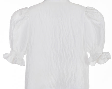 White crinkle taffeta puff sleeve blouse with pearl buttons and waist tie – Pearl Tie-Front Blouse for girls ages 1–14.