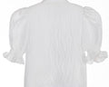 White crinkle taffeta puff sleeve blouse with pearl buttons and waist tie – Pearl Tie-Front Blouse for girls ages 1–14.