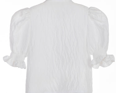 White crinkle taffeta puff sleeve blouse with pearl buttons and waist tie – Pearl Tie-Front Blouse for girls ages 1–14.