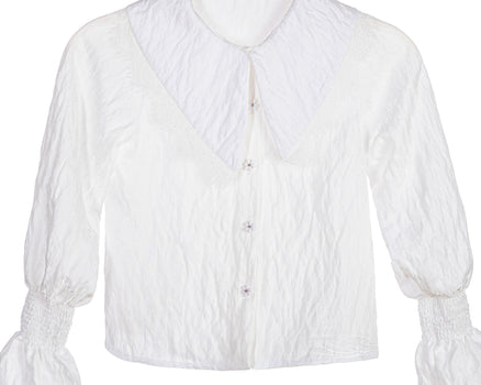 White crinkle blouse for girls with oversized lace-trimmed collar and shirred bell sleeves – Eloise Blouse ages 1–14.