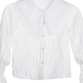 White crinkle blouse for girls with oversized lace-trimmed collar and shirred bell sleeves – Eloise Blouse ages 1–14.