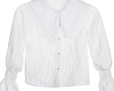 White crinkle blouse for girls with oversized lace-trimmed collar and shirred bell sleeves – Eloise Blouse ages 1–14.