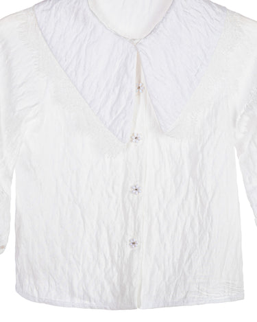 White crinkle blouse for girls with oversized lace-trimmed collar and shirred bell sleeves – Eloise Blouse ages 1–14.