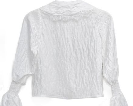 White crinkle blouse for girls with oversized lace-trimmed collar and shirred bell sleeves – Eloise Blouse ages 1–14.
